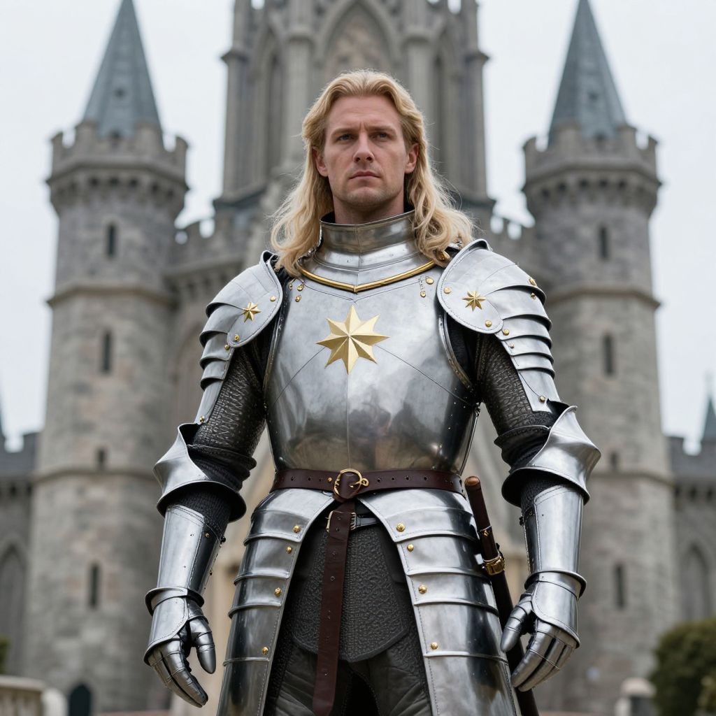 Medieval Knight in Shining Armor Standing in Front of Castle