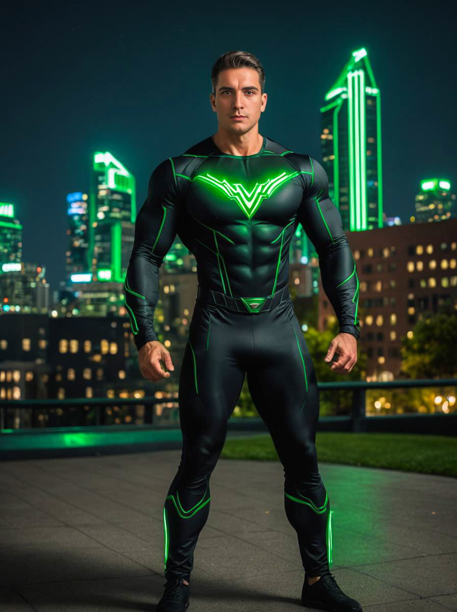 Muscular Man in Futuristic Costume Against Neon Cityscape