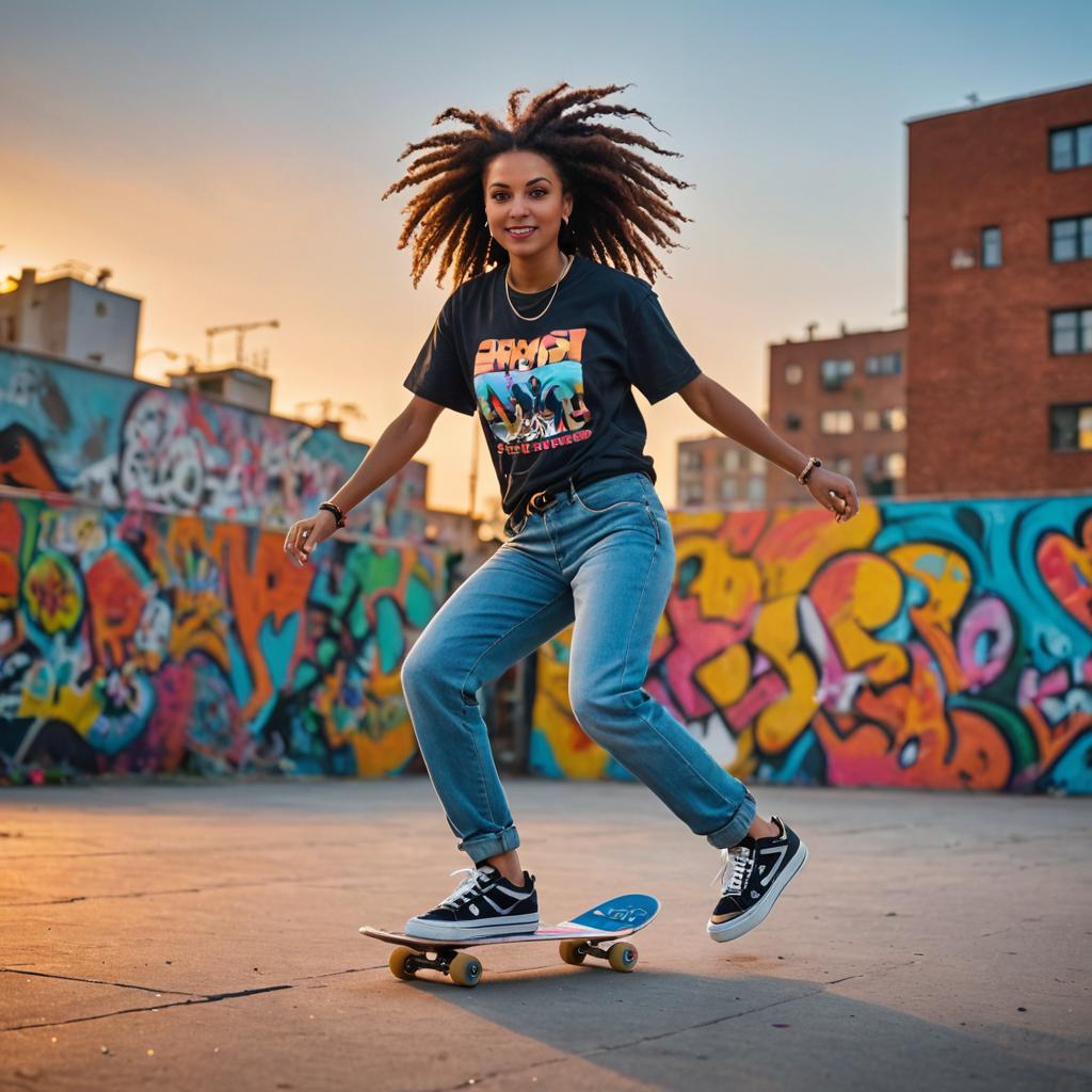 Vibrant Woman Skateboarding Against Colorful Graffiti