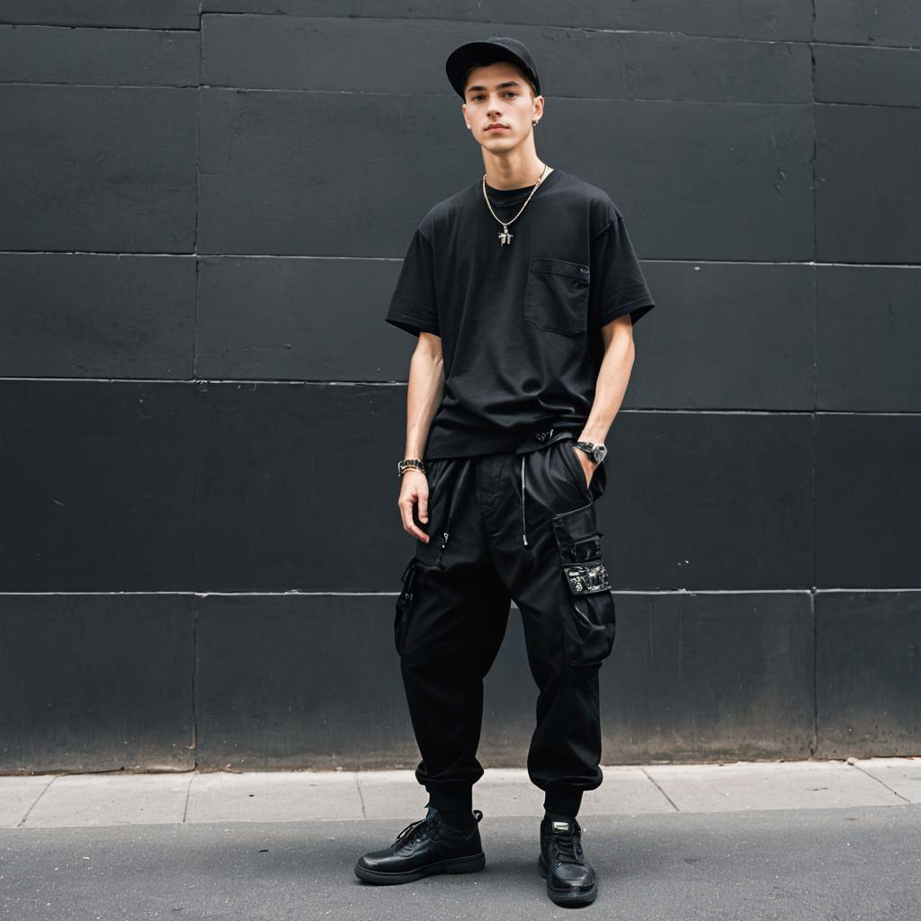 Young Man in Trendy Streetwear Against Dark Wall