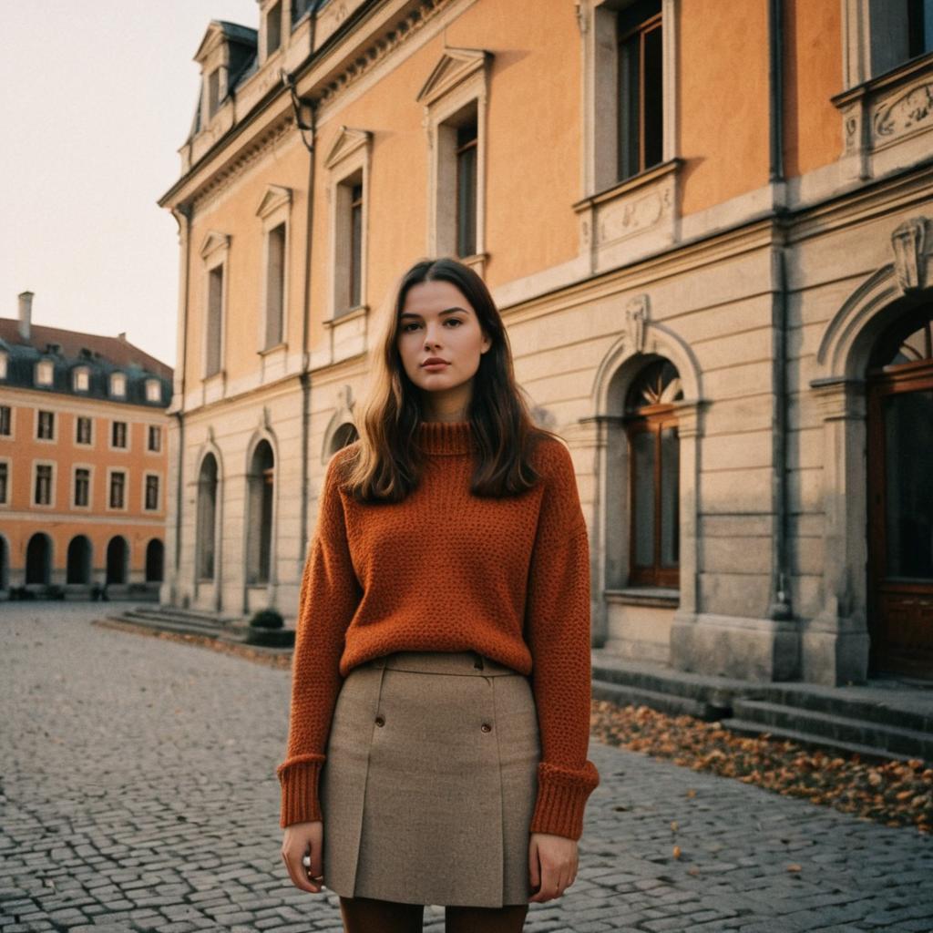 Young Woman in Autumn Sweater and Skirt Urban Street Fashion