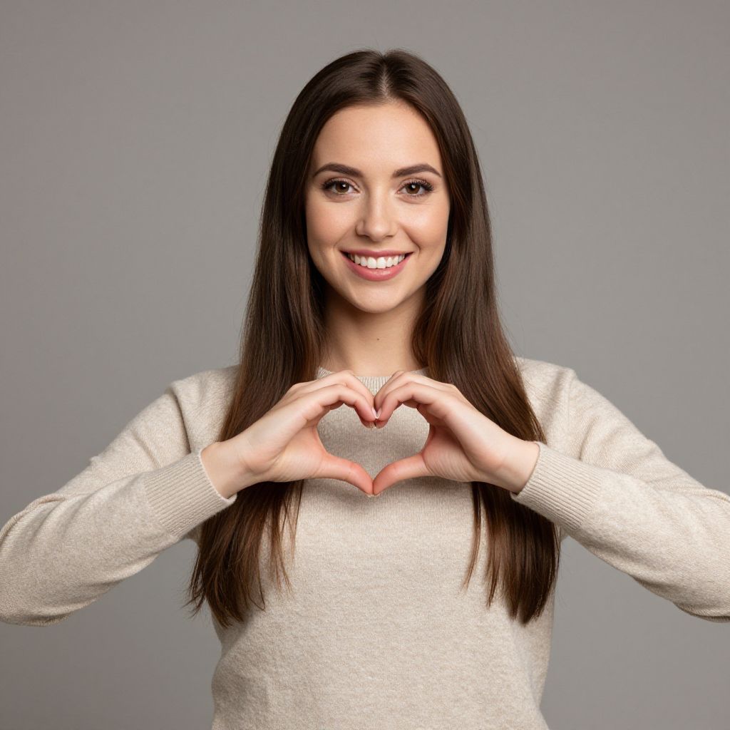 Happy Young Woman Making Heart Gesture in Cozy Sweater