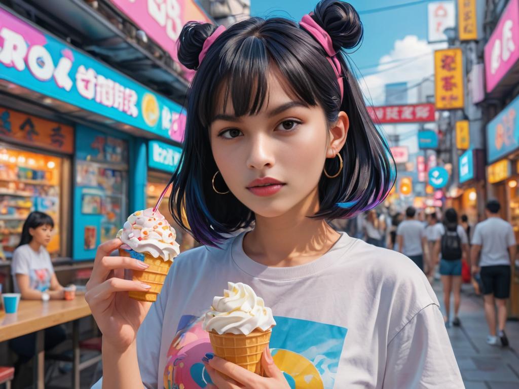 Cute Anime Girl Enjoying Ice Cream in Bustling Street