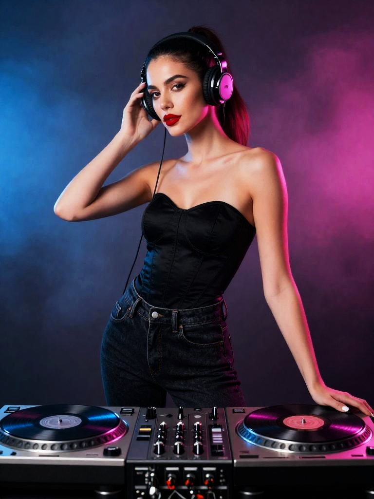Modern Woman DJ Mixing Music with Turntables in Colorful Studio