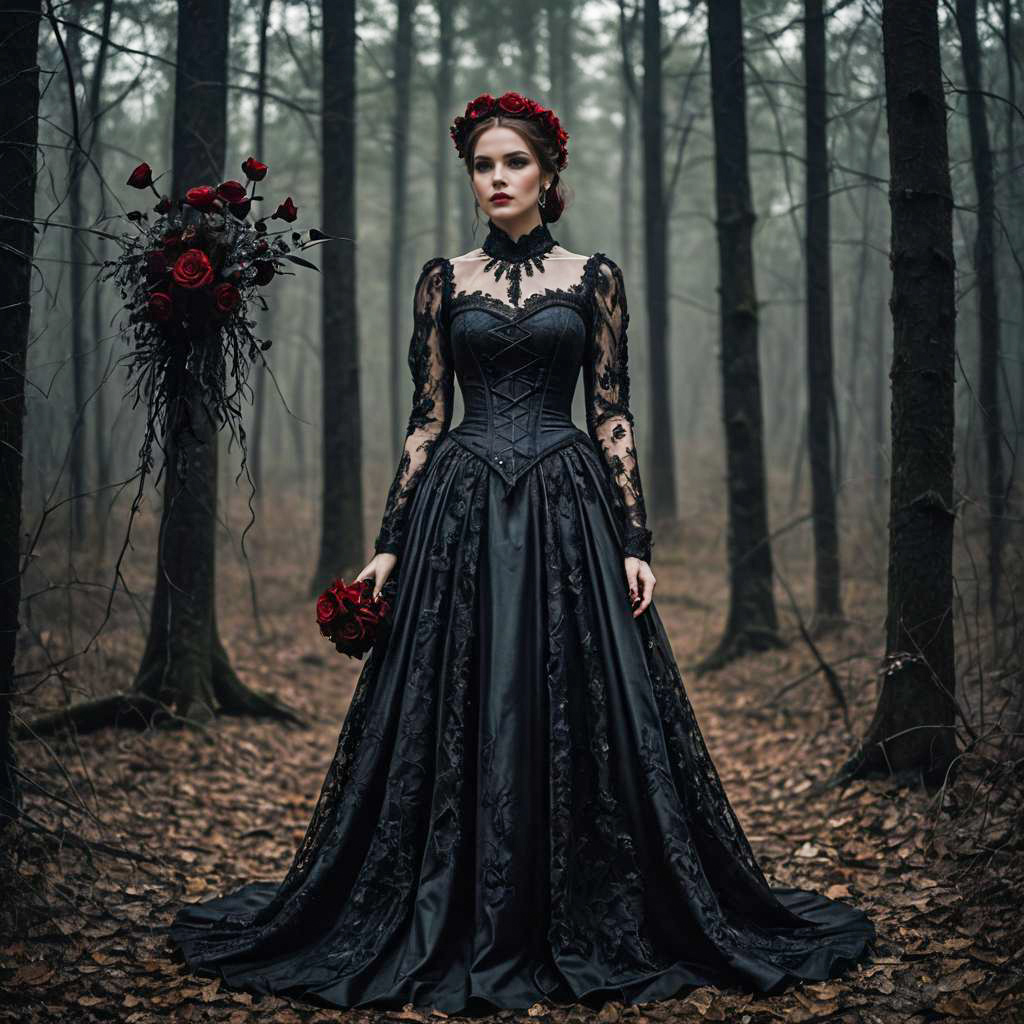Gothic Woman in Black Victorian Dress with Red Roses in Misty Forest