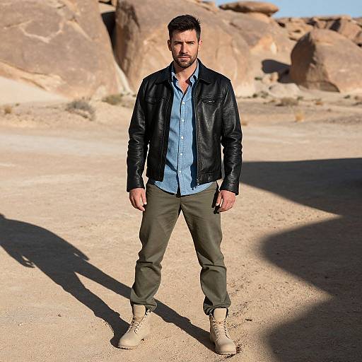 Man in Leather Jacket and Boots Standing in Desert Landscape