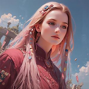 Fantasy Portrait of a Young Woman with Pink Hair and Gemstones
