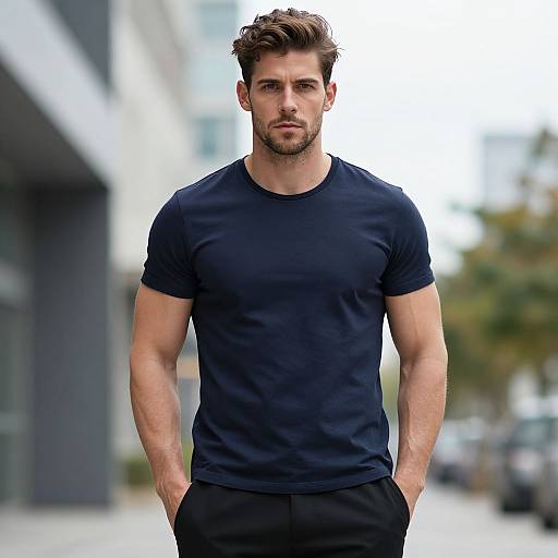 Confident Man Wearing Navy Blue T-Shirt in Urban Setting