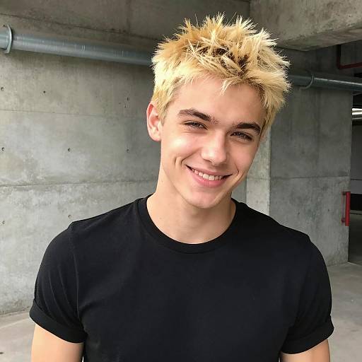 Young Man with Platinum Blonde Hair Smiling in Urban Setting