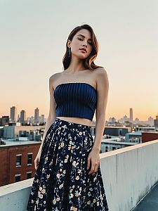 Young Woman in Navy Outfit on Urban Rooftop at Sunset