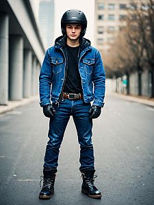 Young Man in Denim Motorcycle Outfit with Black Helmet in Urban Street
