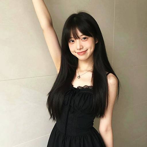 Young Woman in Black Lace Dress Smiling with Raised Arm