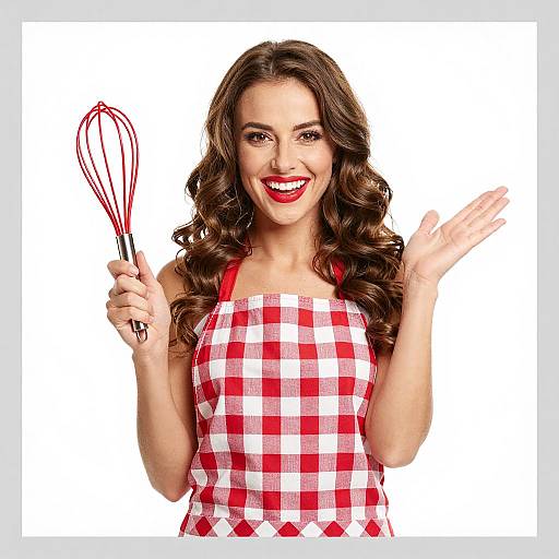 Happy Woman in Red Checkered Apron Holding Whisk Cooking