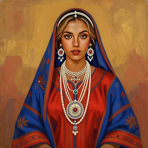 Woman in Traditional Red and Blue Attire with Pearl Jewelry