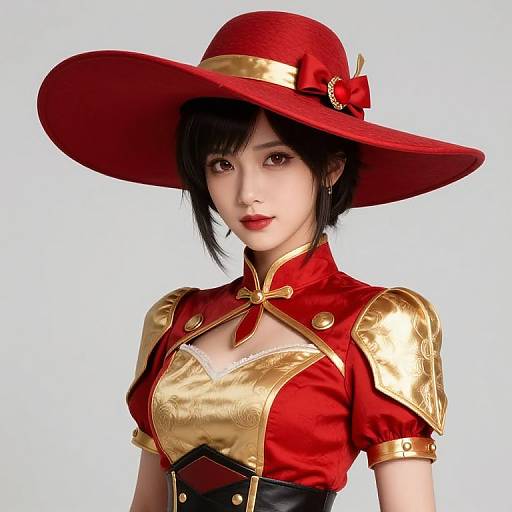 Elegant Woman in Red and Gold Fantasy Costume with Wide-Brimmed Hat