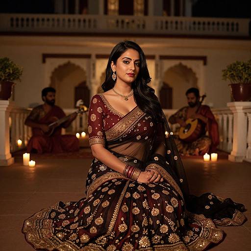 Elegant Woman in Traditional Saree with Live Musicians in Candlelit Courtyard