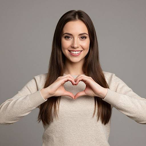 Happy Young Woman Making Heart Gesture in Cozy Sweater