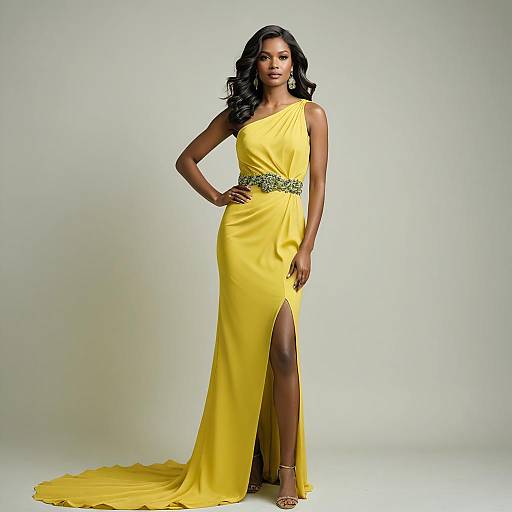 Elegant Woman in Yellow One-Shoulder Evening Gown with Beaded Belt and Slit