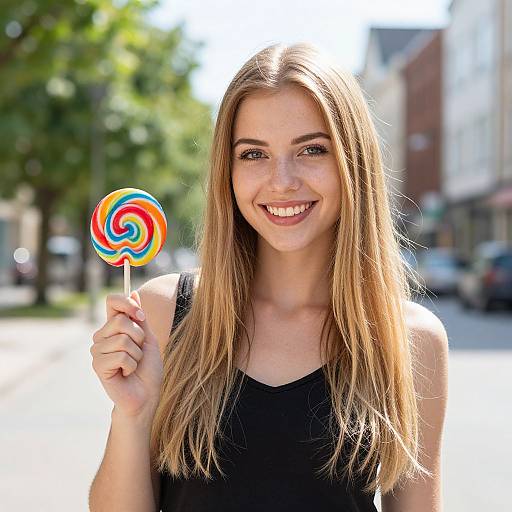 Smiling Young Woman Holding Colorful Lollipop Outdoors