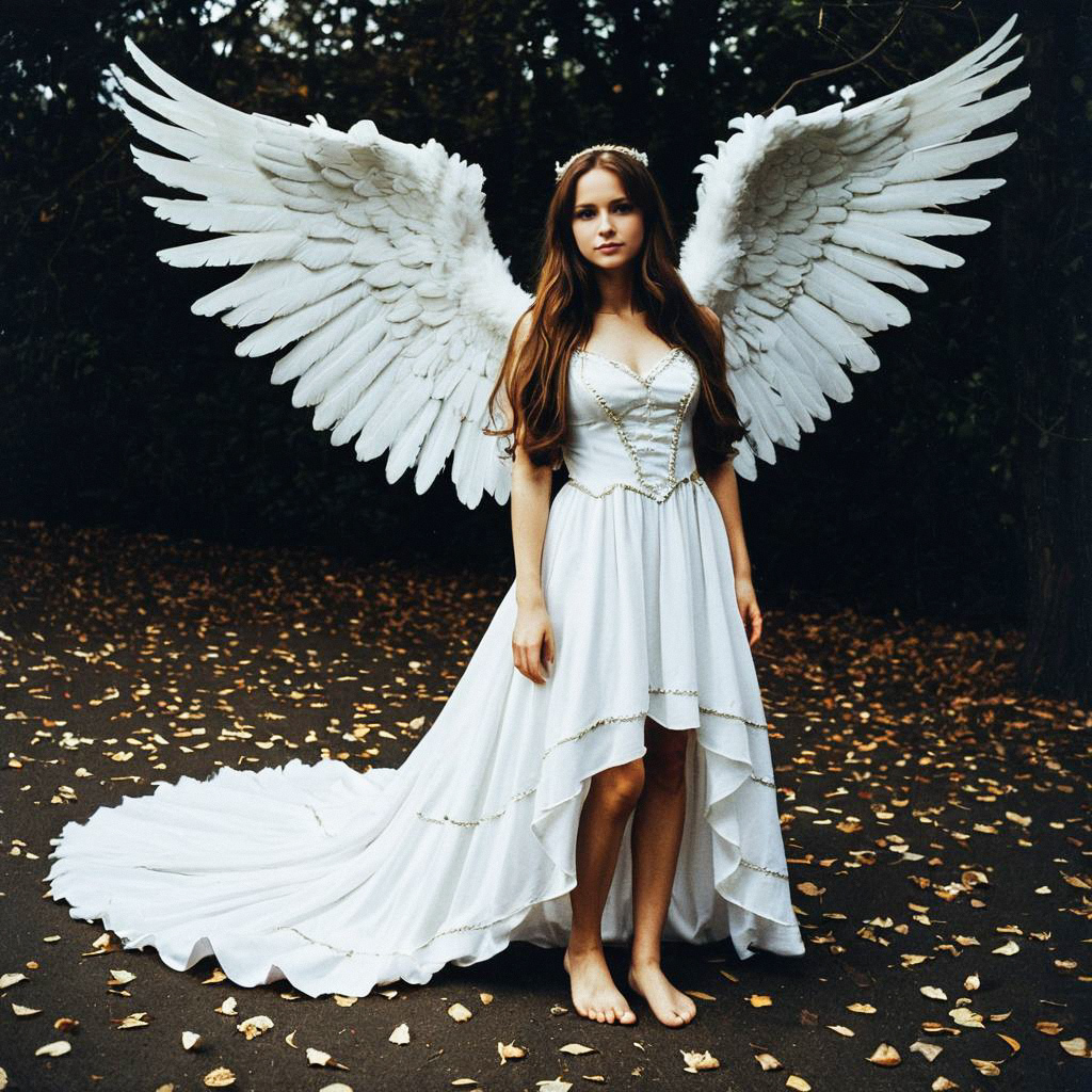 Woman in Elegant White Gown with Angel Wings Woman in Elegant White Gown with Angel Wings