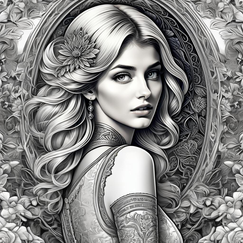 Black and White Illustration of a Woman with Flowing Hair and Flower Black and White Illustration of a Woman with Flowing Hair and Flower