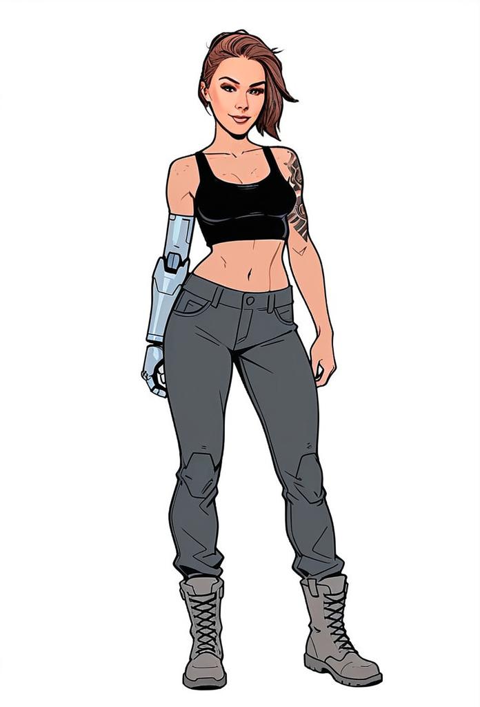 Cyberpunk Woman with Robotic Arm Wearing Crop Top and Combat Boots Illustration