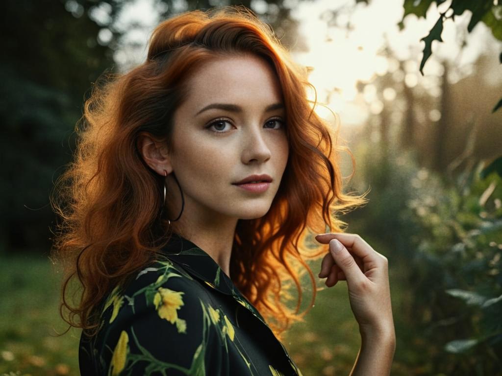 Thoughtful Woman with Red Curls in Nature