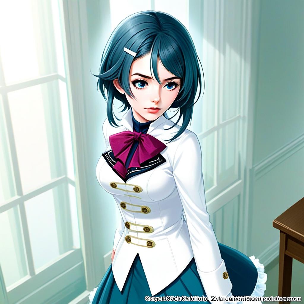 Anime Style Portrait of Woman in White Jacket with Blue Hair