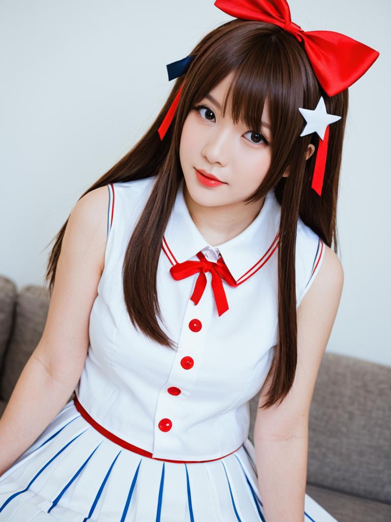 Anime-Inspired Sailor Outfit Cosplay by Young Woman with Red Bow