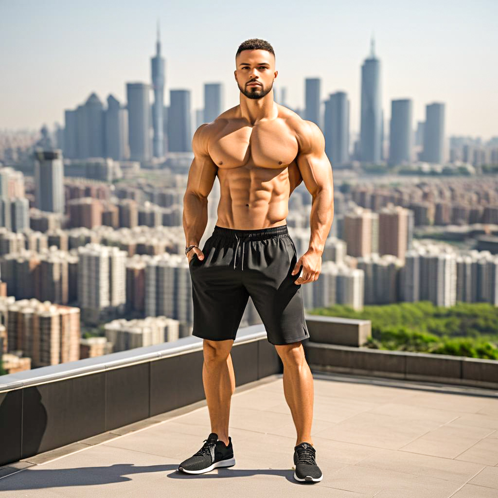 Muscular Man on Rooftop Overlooking City Skyline