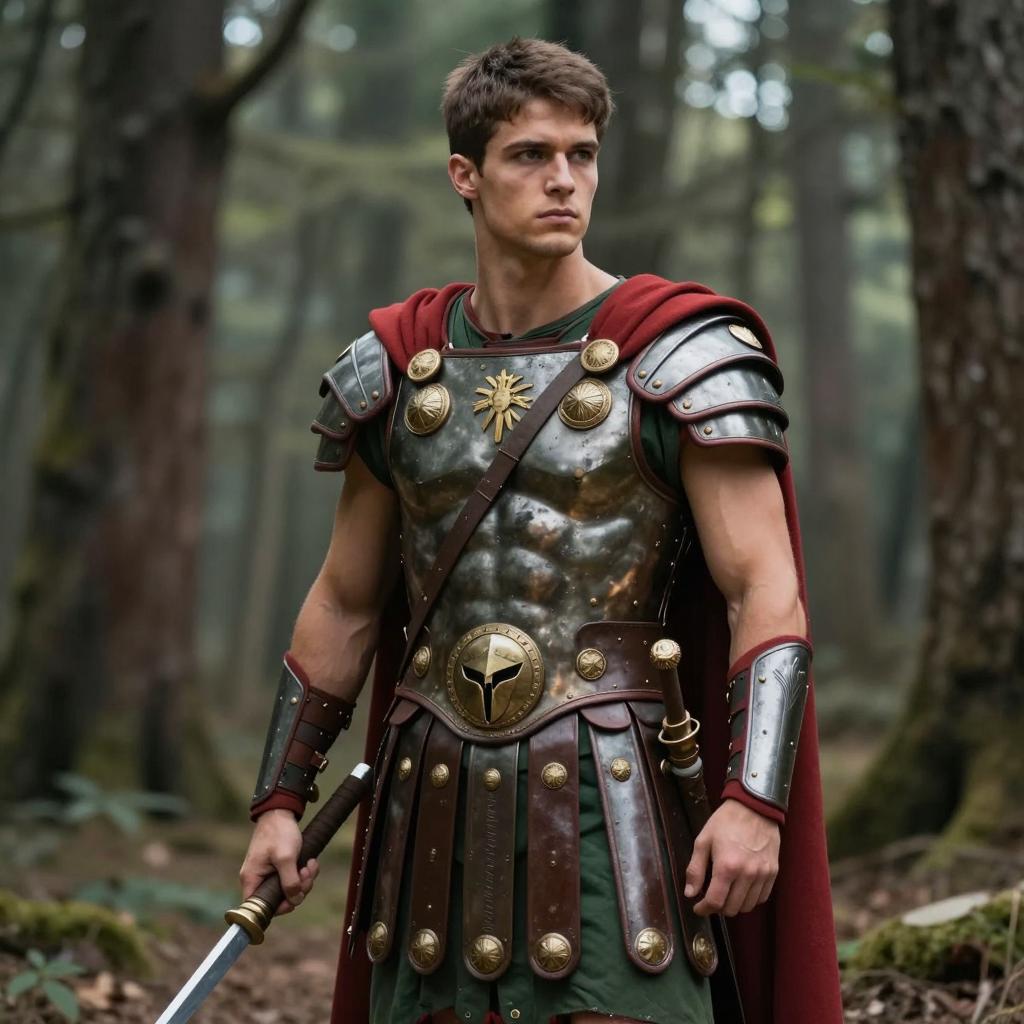 Young Man in Detailed Roman Soldier Armor in Forest