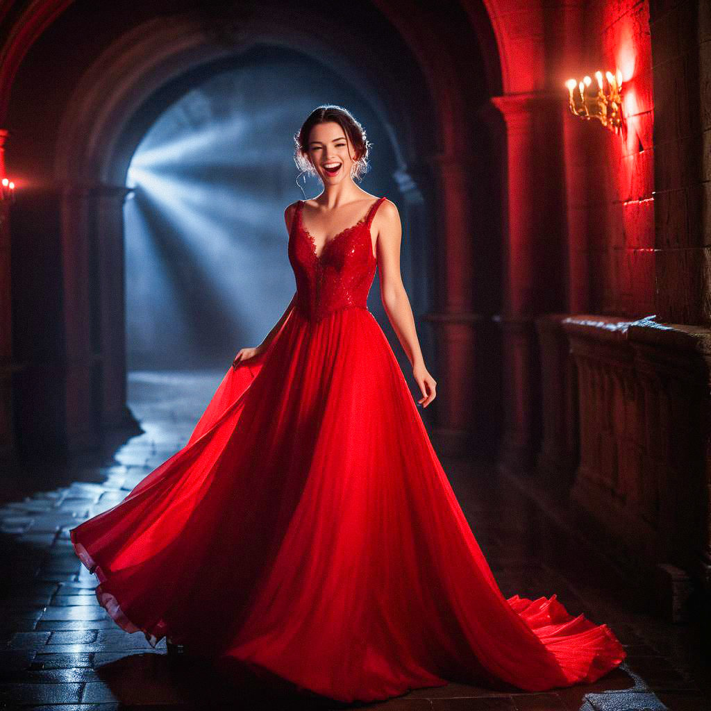 Elegant Woman in Red Gown in Gothic Setting