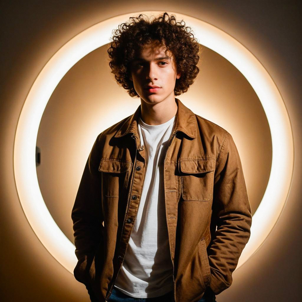 Confident Young Man with Curly Hair in Dramatic Lighting Confident Young Man with Curly Hair in Dramatic Lighting