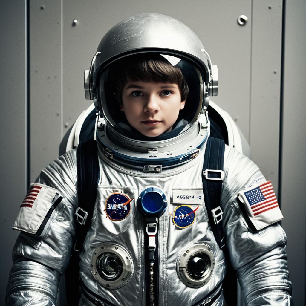 Realistic Silver Astronaut Suit on Young Boy with NASA Patches