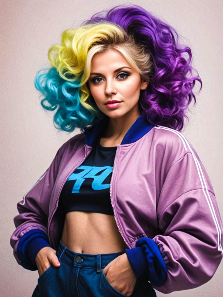 Woman with Colorful Curly Hair in Retro Athletic Fashion