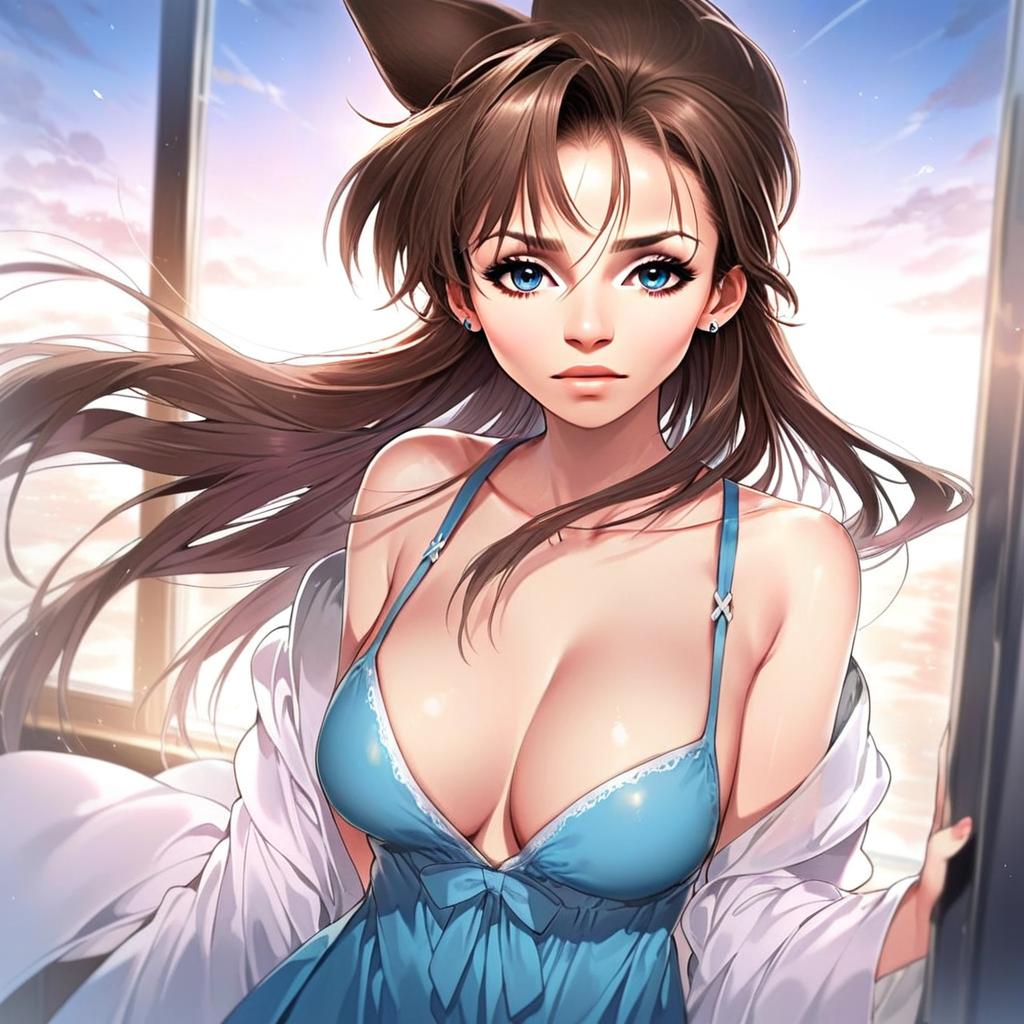 Mouri Ran Anime Style Digital Portrait in Blue Dress