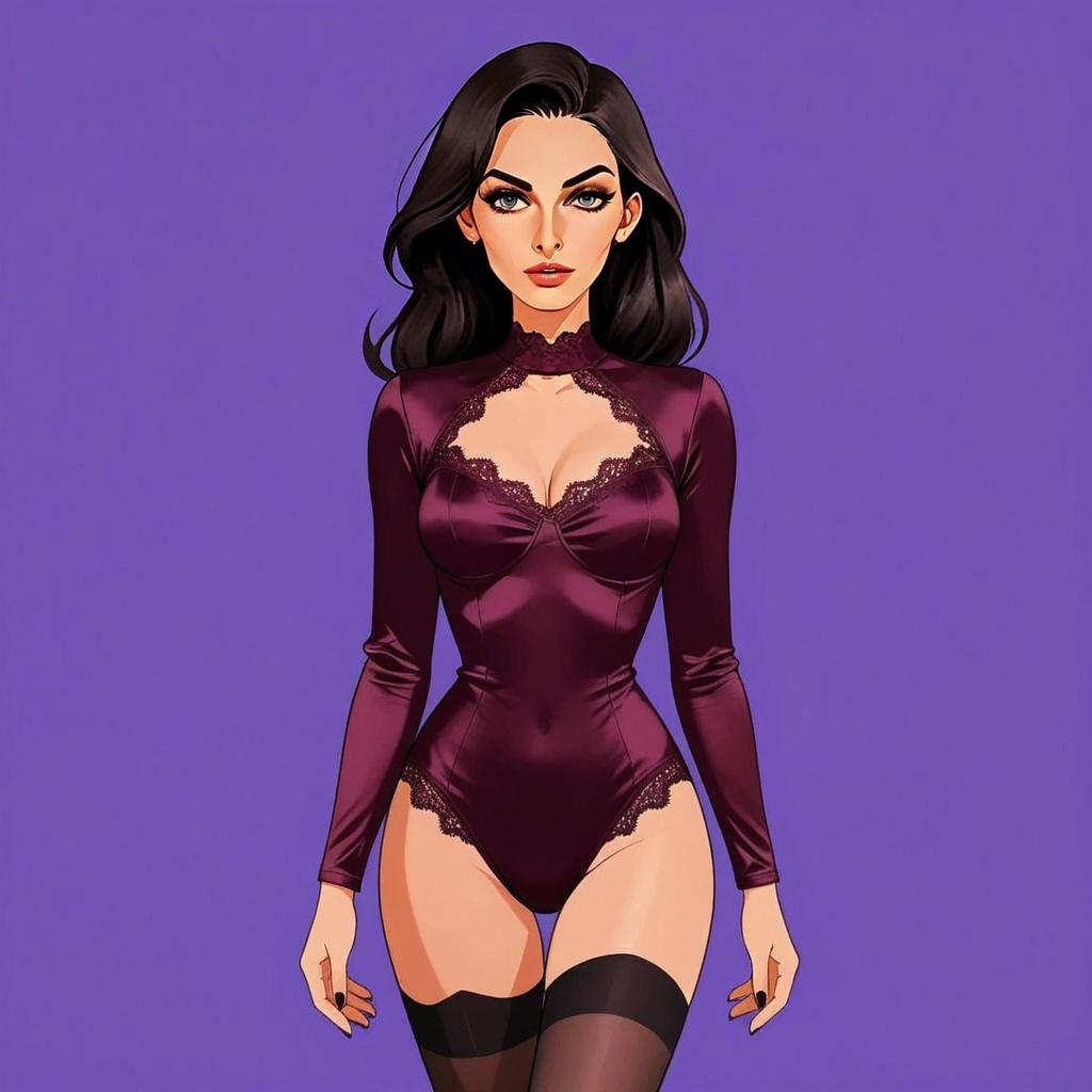 Chic Woman in Deep Burgundy Satin Bodysuit with Lace Trim Illustration