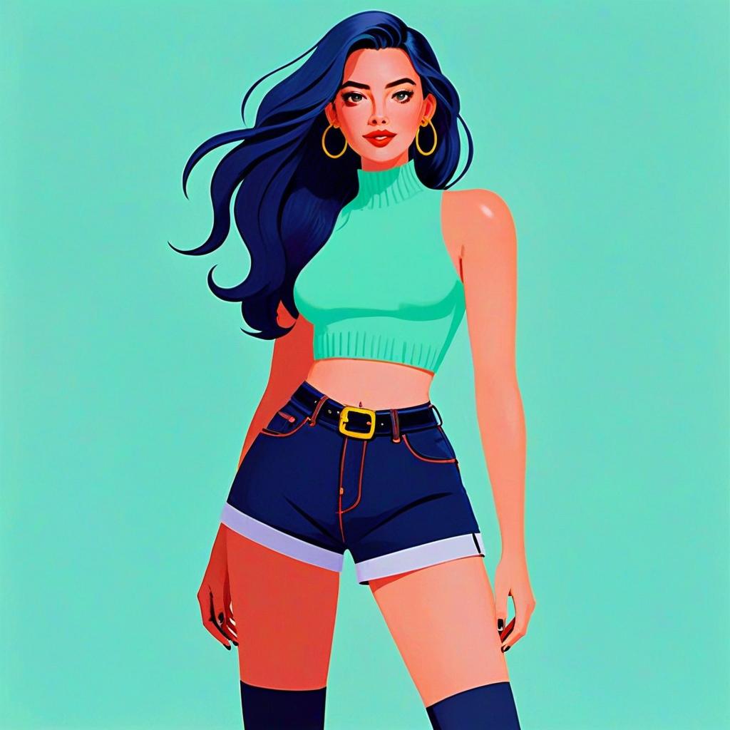 Trendy Gen Z Woman in Turquoise Crop Top and Denim Shorts Digital Illustration