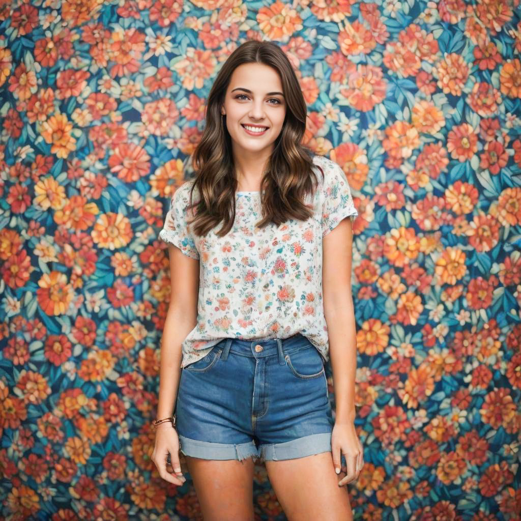 Confident Woman in Floral Shirt and Denim Shorts Confident Woman in Floral Shirt and Denim Shorts