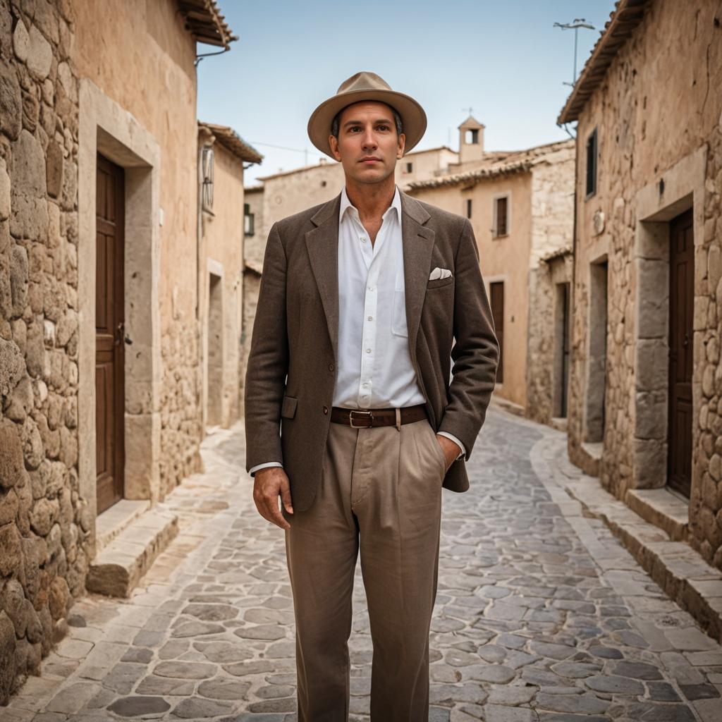 Stylish Man in Classic Suit in Quaint Village