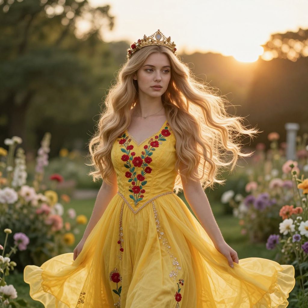 Young Woman in Yellow Floral Dress and Golden Crown in Garden at Sunset