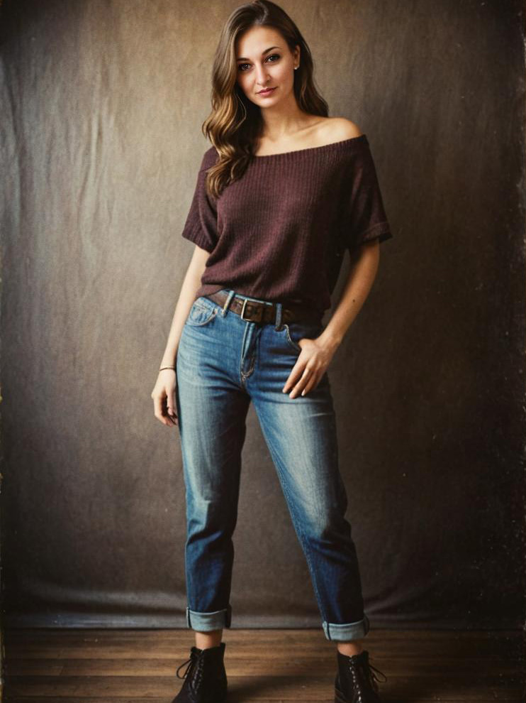 Chic Woman in Maroon Top and Denim Jeans