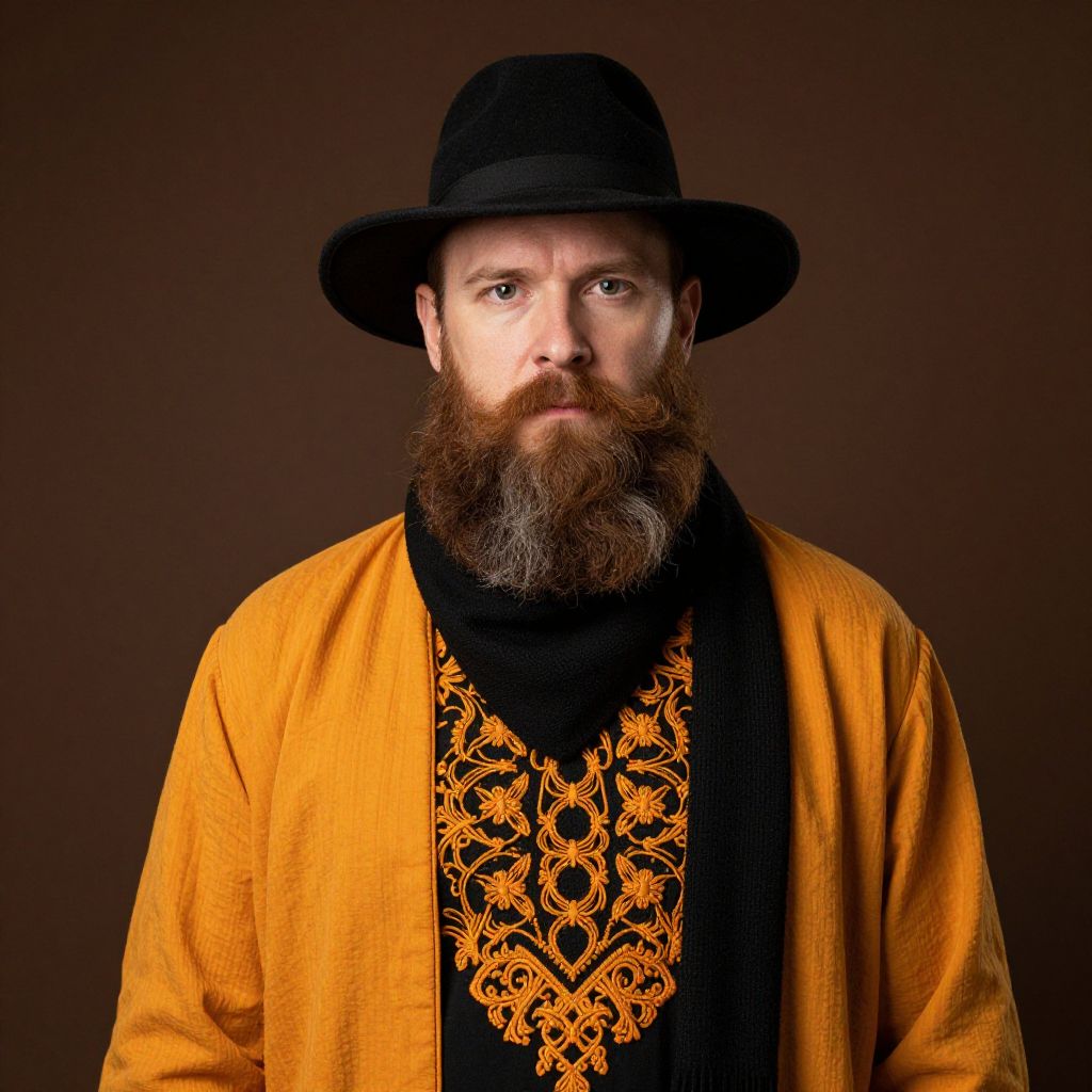 Bearded Man in Traditional Embroidered Orange Garment and Black Hat