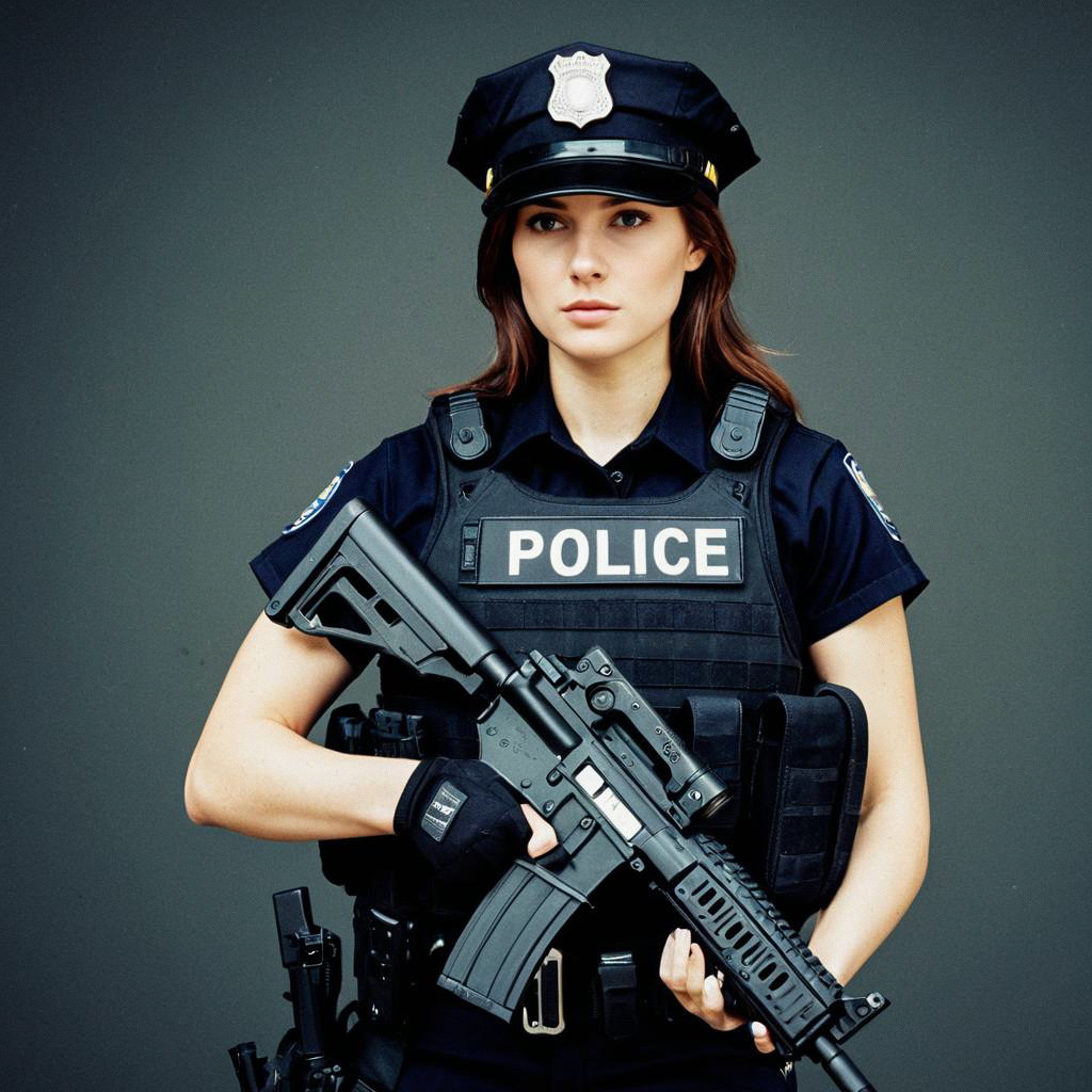 Serious Female Police Officer with Assault Rifle
