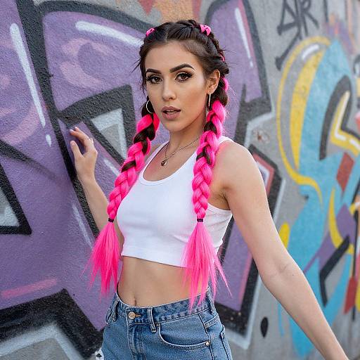 Young Woman with Pink Braids and Urban Graffiti Background