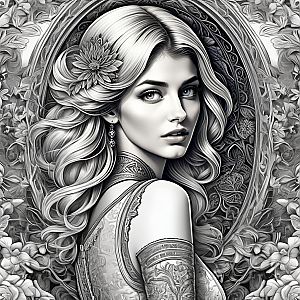 Black and White Illustration of a Woman with Flowing Hair and Flower