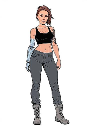 Cyberpunk Woman with Robotic Arm Wearing Crop Top and Combat Boots Illustration