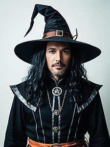 Man in Modern Witch Costume Detailed Photorealistic Studio Cosplay
