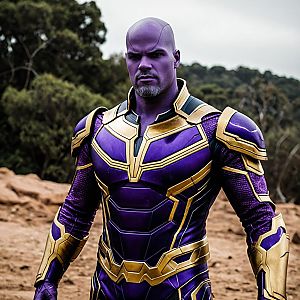 Realistic Man Wearing Purple and Gold Futuristic Armor Suit Outdoors