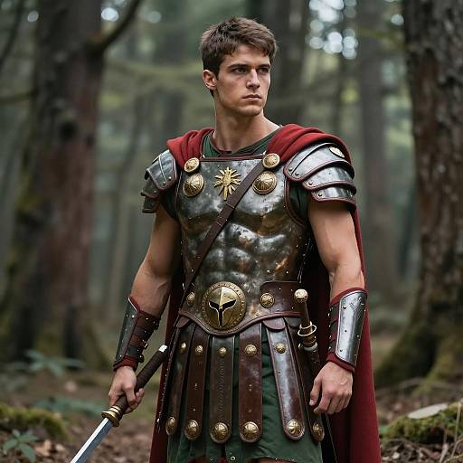 Young Man in Detailed Roman Soldier Armor in Forest